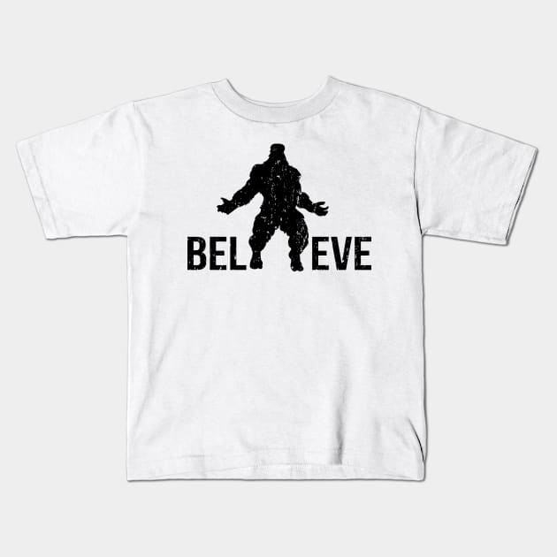 Bigfoot Believe Sasquatch Yeti Believer Vintage Distressed Kids T-Shirt by HeroGifts